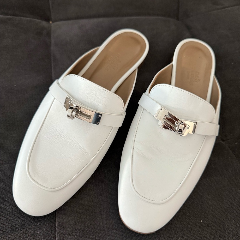 Hermes White Mules with Silver Detail
